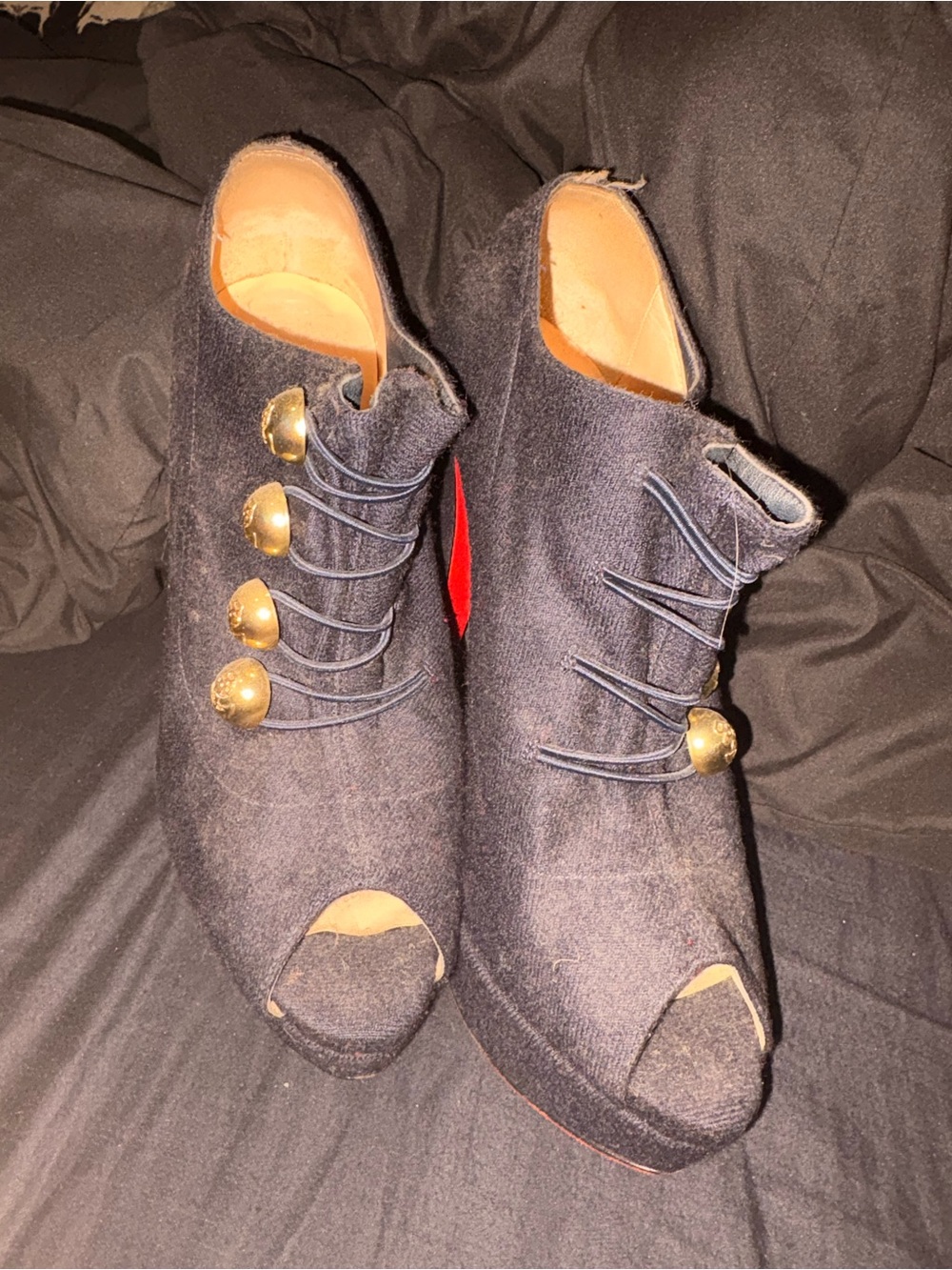 Navy Peep-Toe Lace-Up Heels with Gold Buttons